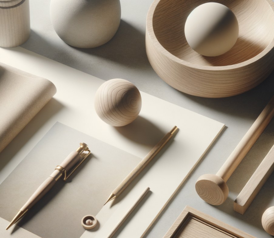 Still life of wooden spheres, a bowl and a pen on cream paper