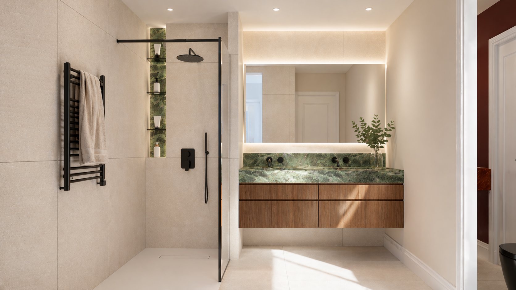Render of the bathroom with green marble vanity and walk-in shower