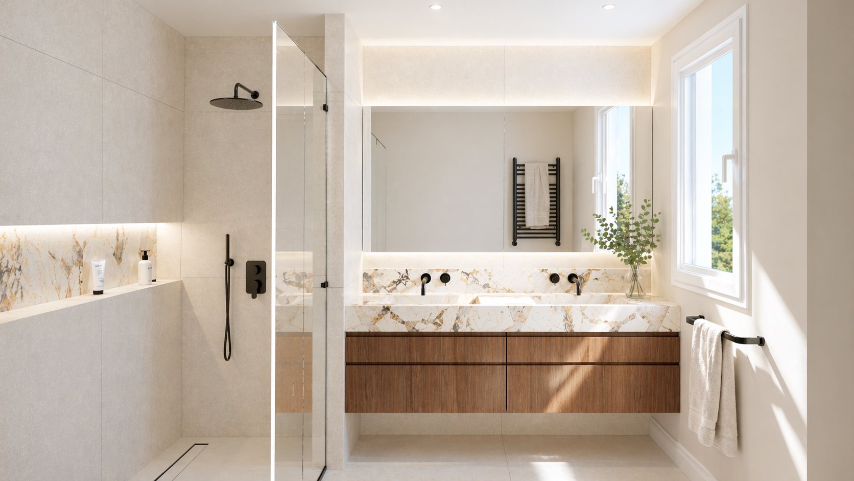 Render of the bathroom with marble double basin and walk-in shower