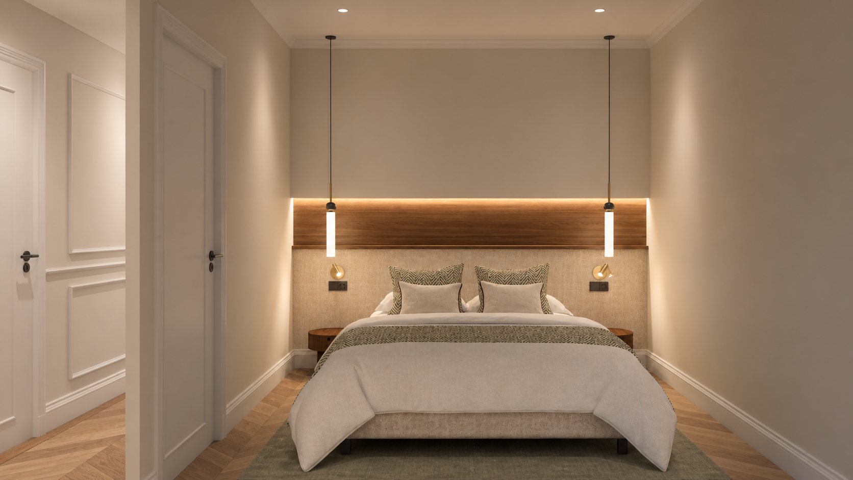 Render of the main bedroom with walnut headboard and pendant lights