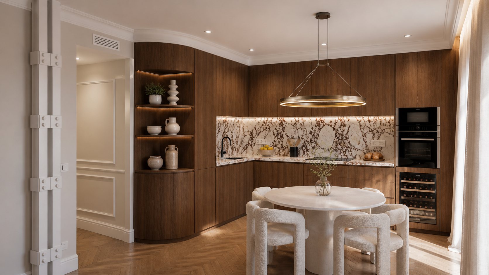 Render of the walnut kitchen with marble backsplash and round dining table