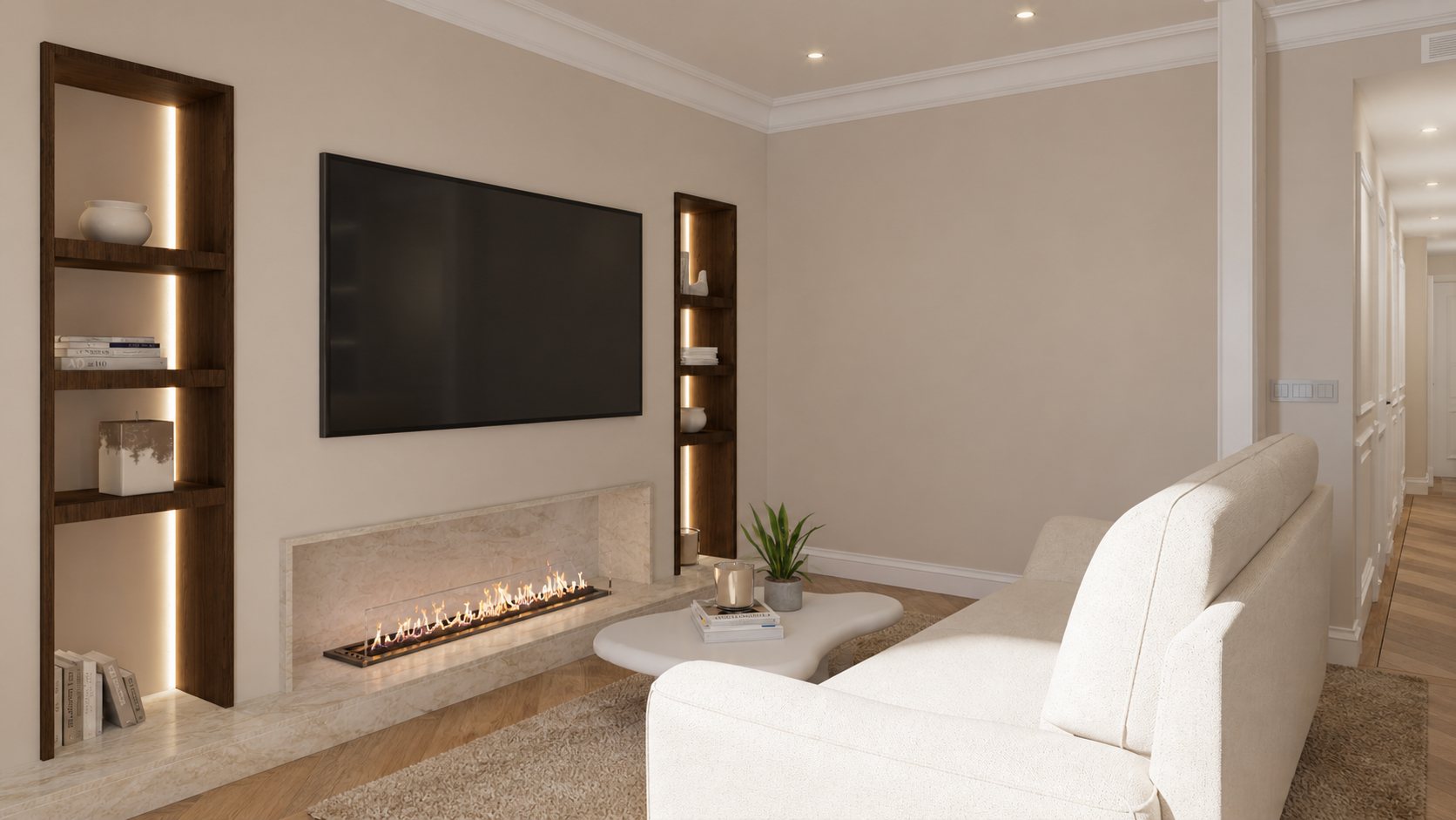 Render of the living room with fireplace and lit walnut shelving
