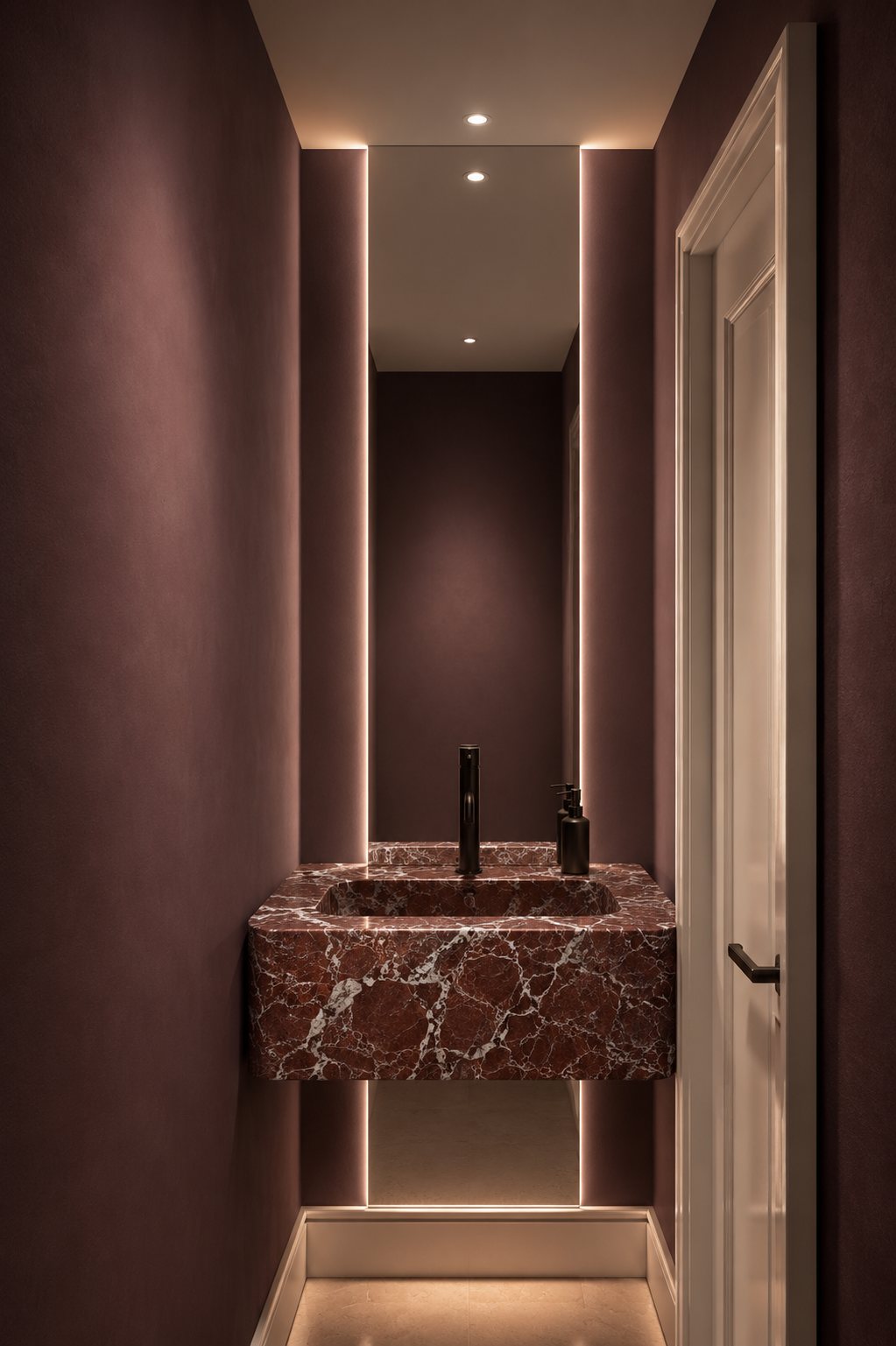 Render of the guest washroom with red marble basin