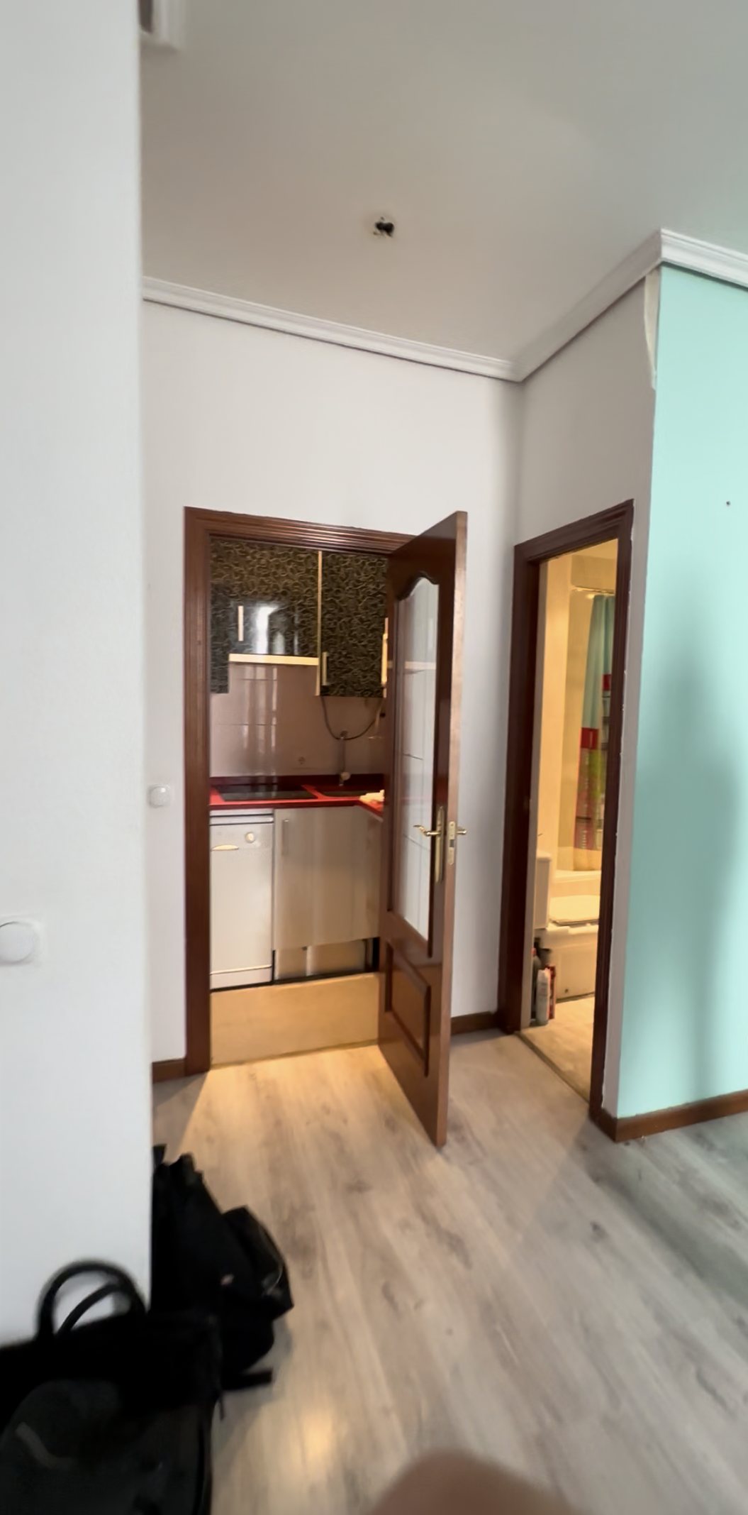 Hallway with closed kitchen and bathroom doors before renovation